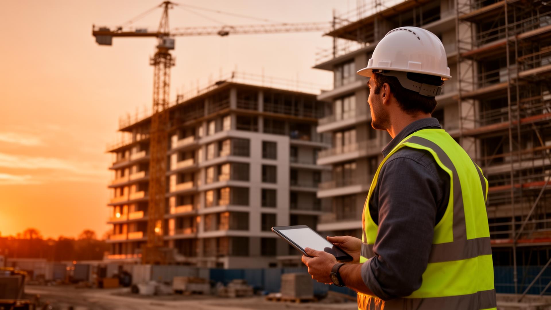Construction project manager on site at sunset